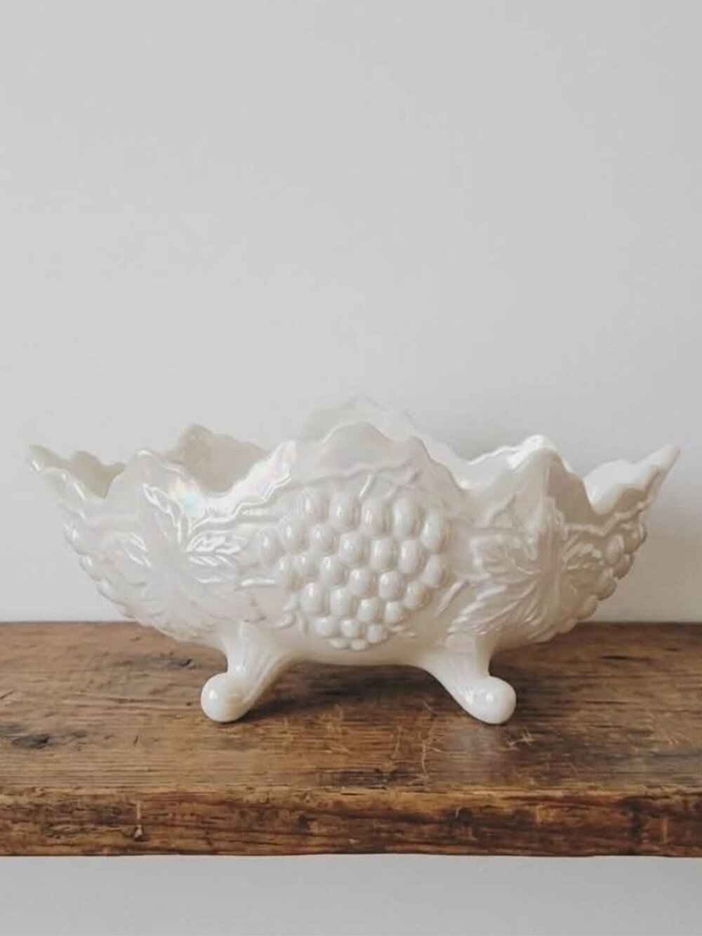 Vtg Pearlized Iridescent Ceramic Footed Bowl Grape Harvest Pattern MCM Planter